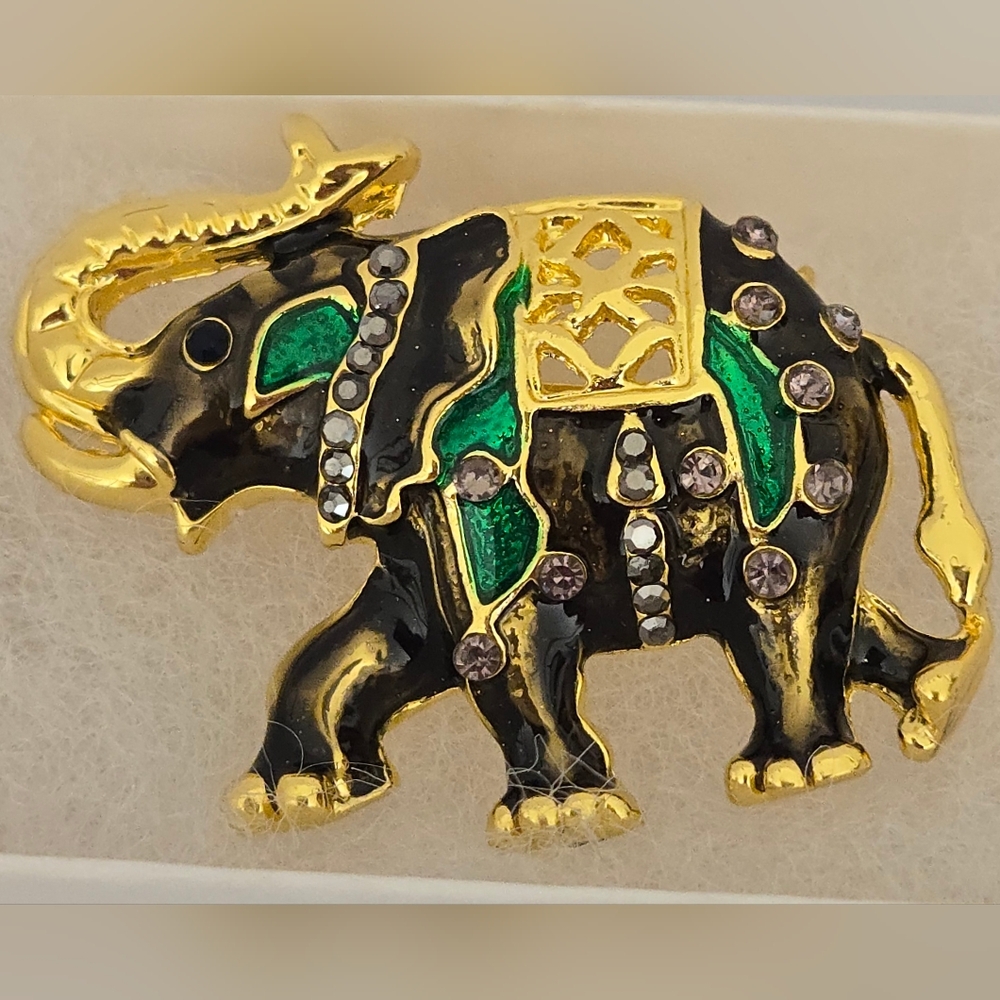 Elegant Gold with Brown &  Green Enamel Elephant Brooch.